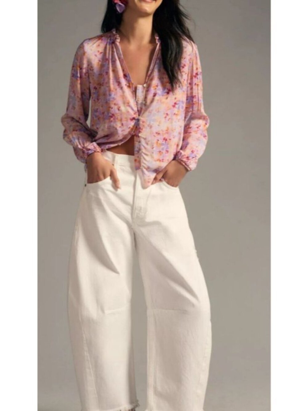 Anthropologie Cloth & Stone Long Sleeve Ruffle Neck Top Sz XXS Button Down